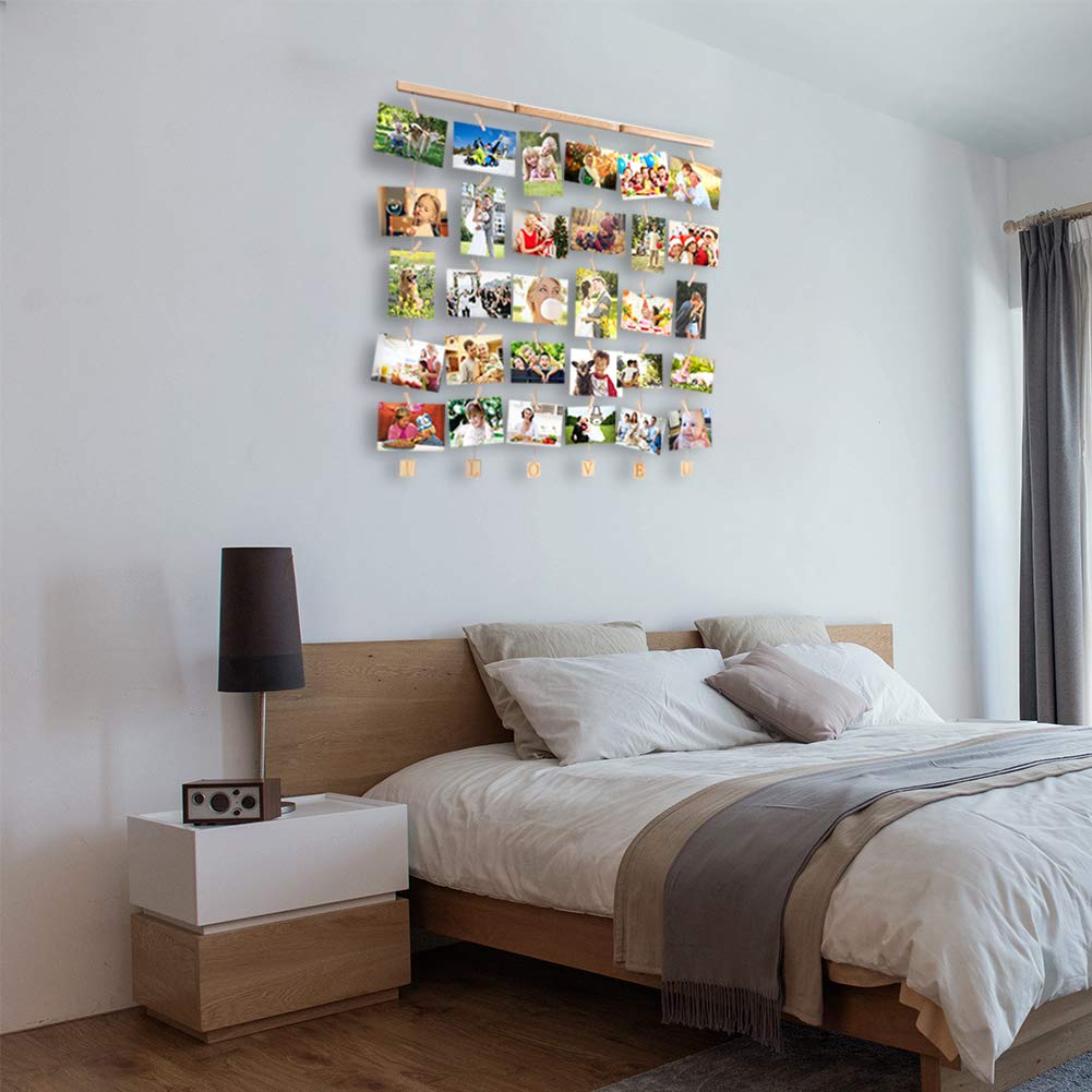 Uping Hanging Photo Display Wood Wall Photo Display Board with Rope and 30 Small Memo Clips | 66 cm x 74 cm | Design Photo Frame