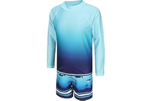 MOON TREE Boys Long Sleeve Rash Guard Swimsuits Kids Two Piece Sunsuits with Swim Trunks Swimwear Set
