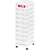 IRIS USA Plastic Drawer Storage Organizer Rolling Cart, with Wheels Casters, 10-Drawers, for Classroom Art Craft Supplies Dresser Closet Bathroom Laundry Room, White/Clear