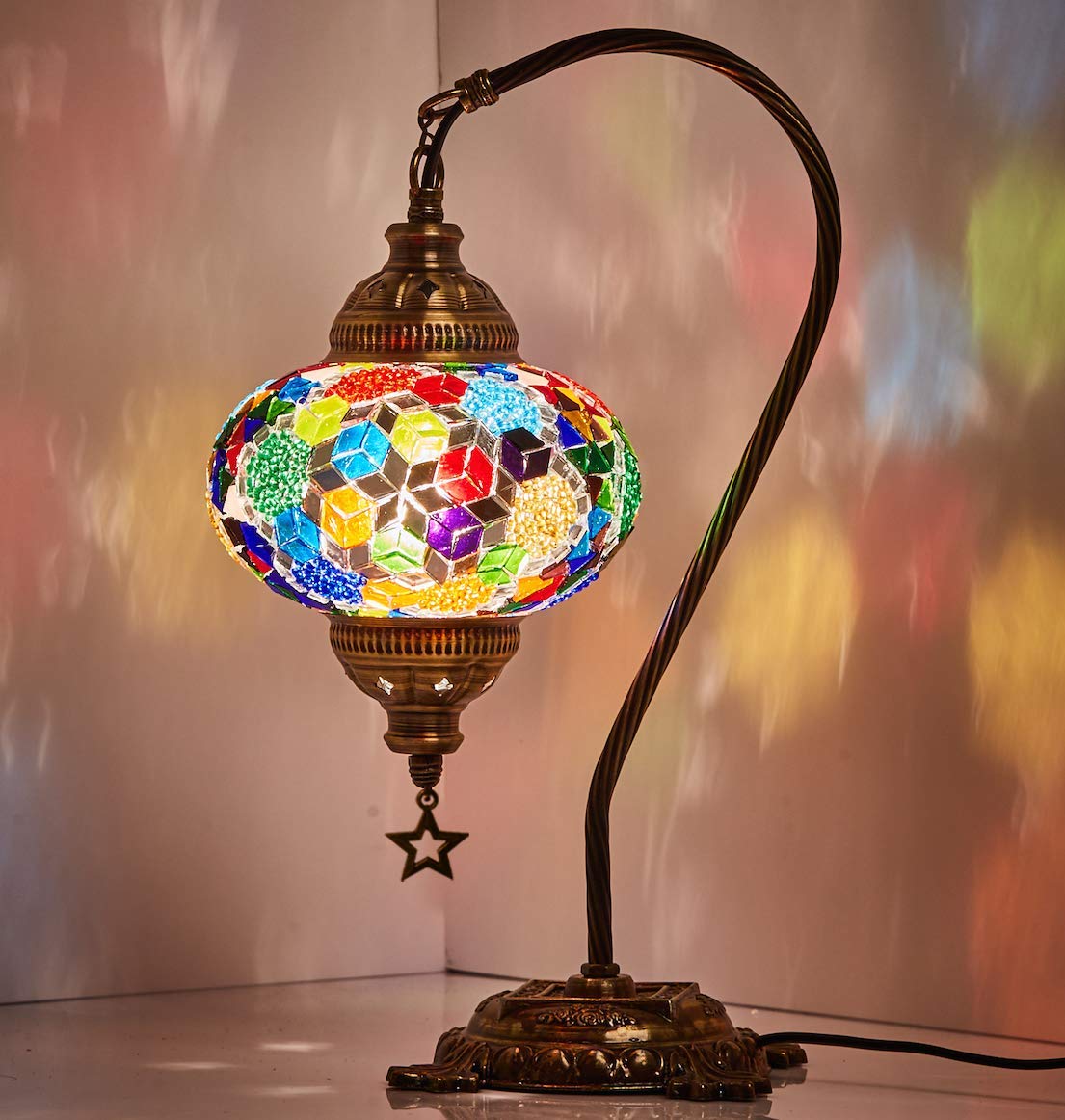 (33 Colors) DEMMEX Turkish Moroccan Mosaic Table Lamp with US Plug & Socket, Swan Neck Handmade Desk Bedside Table Night Lamp Decorative Tiffany Lamp Light, Antique Color Body (29)