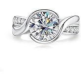 AnuClub Moissanite Engagement Rings 3.4cttw D Color VVS1 Round Cut 925 Sterling Silver Solitaire Twisted Bezel Anniversary Wedding Promise Ring for Women with Certificate