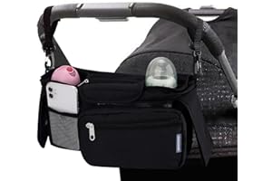 Bebamour Stroller Organizer with Insulated Cup Holder Detachable Phone Bag & Shoulder Strap, Fits for ALL Baby Stroller (Black)