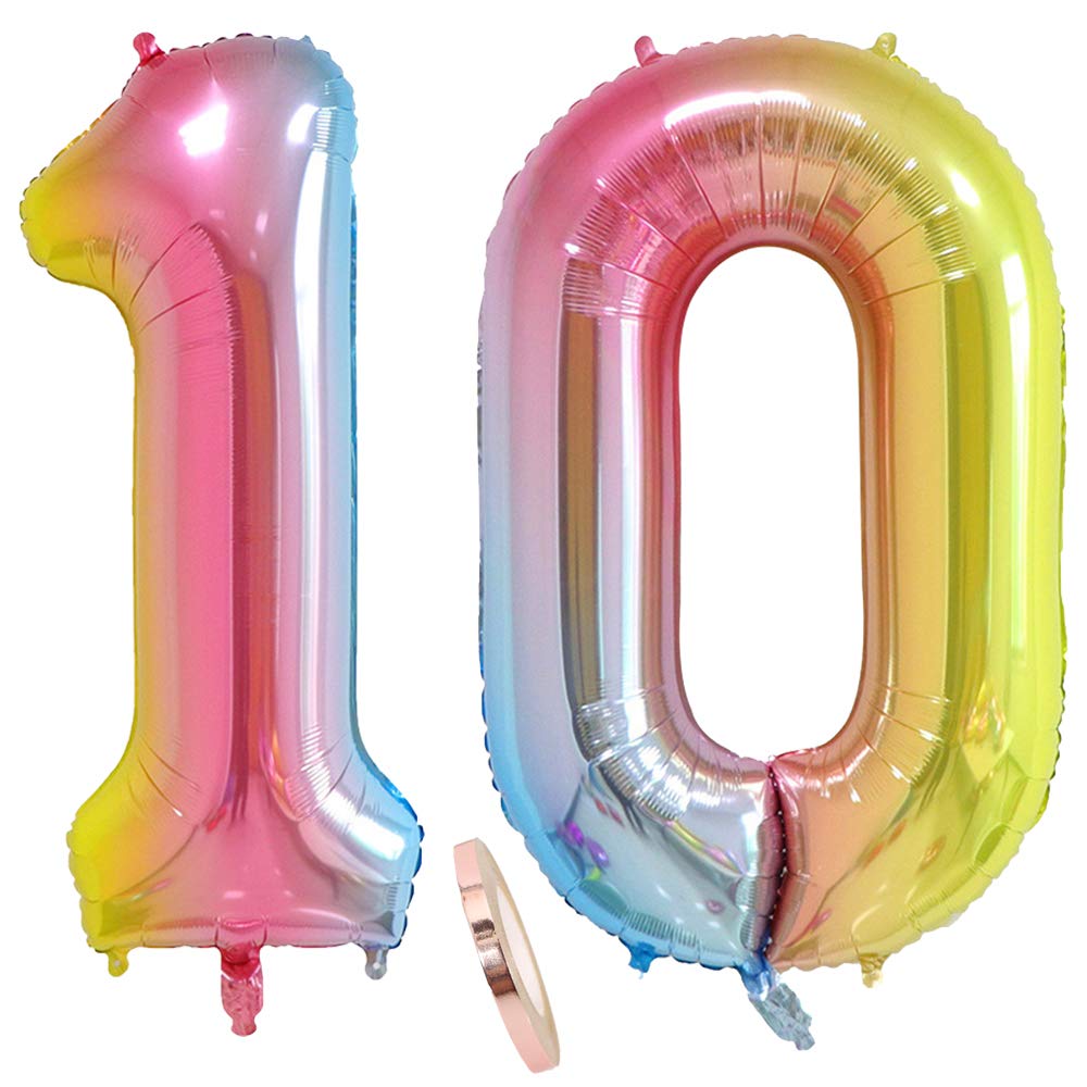 2 Balloons Number 10, Number 10 Balloon Rainbow Girl Boy 40 Inch Giant Inflatable Helium Foil Balloon Pink Colourful Iridescent Balloons Figures for Birthday Party Decoration (XXL 100 cm)