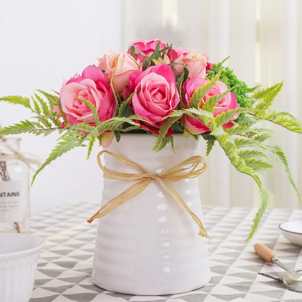 Amazon Com Yuyao Artificial Flowers Rose Bouquets With Vase Fake Modern Bridal Flower With Ceramic Vase For Wedding Home Table Office Party Patio Decoration Home Kitchen