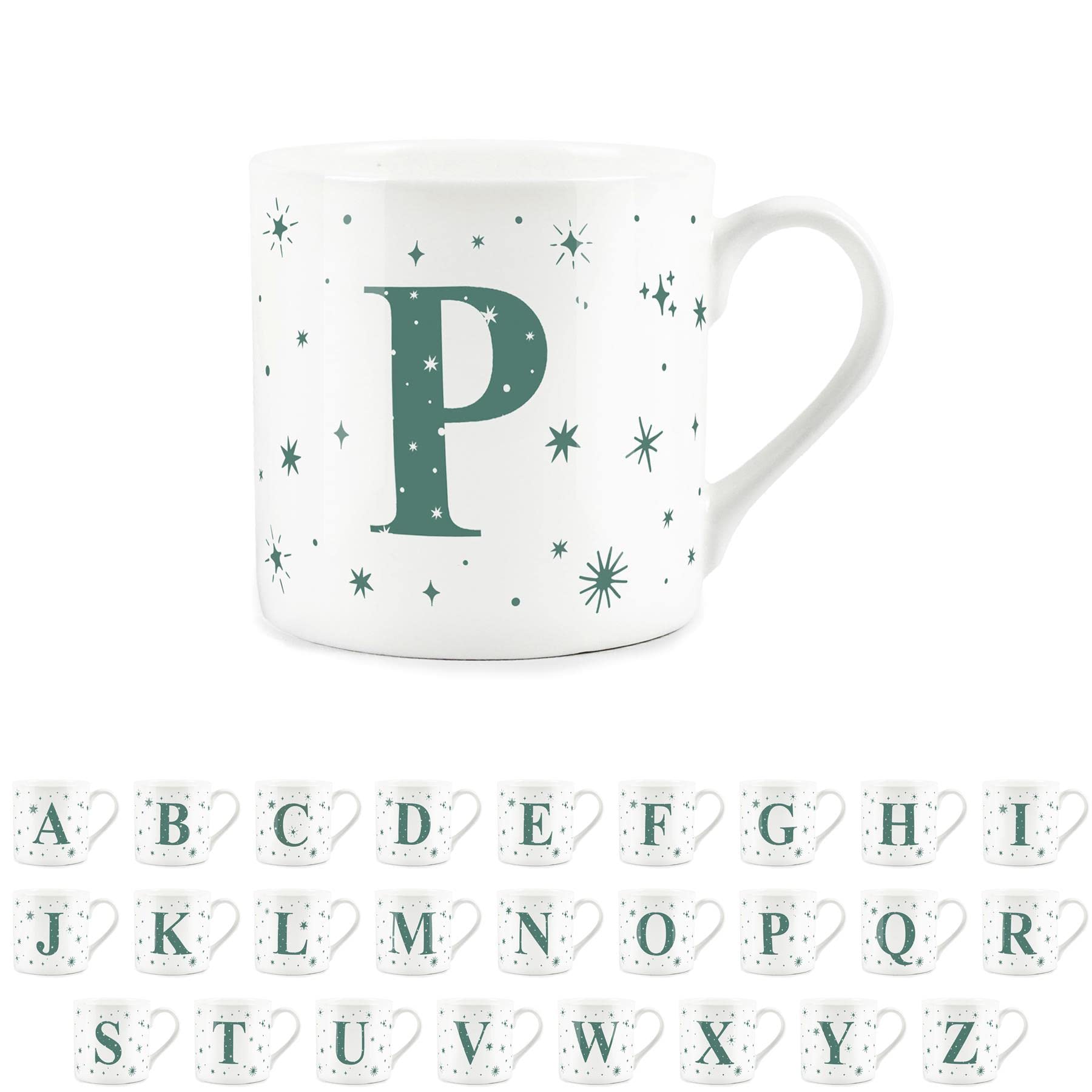Letter P Star Mug - Bone China White Coffee/Tea Present Gift - Alphabet Letter Mug with Stars in Teal Green Blue