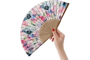 HeyToo Women Held Hand Folding Fan - Bamboo Printed Pattern Foldable Fan - Ideal for Decoration, Wedding, Themed Anniversary Party, Church, EDM, Festivals, Dancing and Gifts (Ink Flower)
