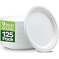 100% Compostable 9 Inch Heavy-Duty [125-Pack] Eco-Friendly Disposable White Bagasse Plate, Made of Natural Sugarcane Fibers - 9" Biodegradable Paper Plates by Stack Man