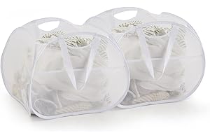 TECHMILLY Collapsible Mesh Pop Up Laundry Hamper with Strong Handles, Large Opening Clothes Hamper with Side Pockets, Storage Baskets for Dorm, Laundry Room, Bathroom or Travel (White, 90L, 2Pack)