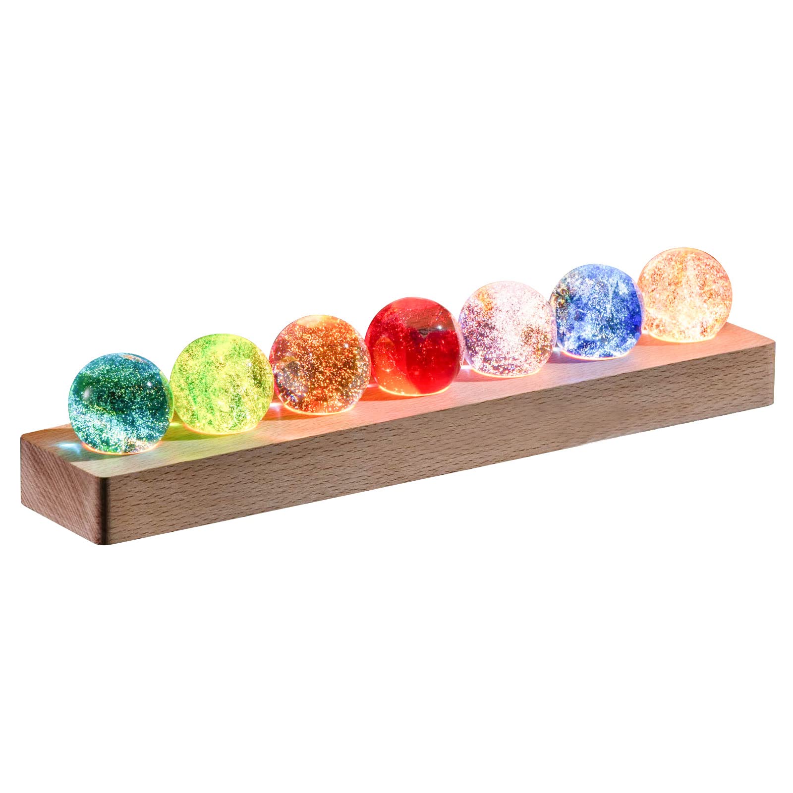 JOJOCY 7 Colorful Glass Crystal Ball with LED Light Wooden Stand, Natural Crystal Quartz Healing Spheres Night Light Decoration (Wired Stand + 7 Ball)