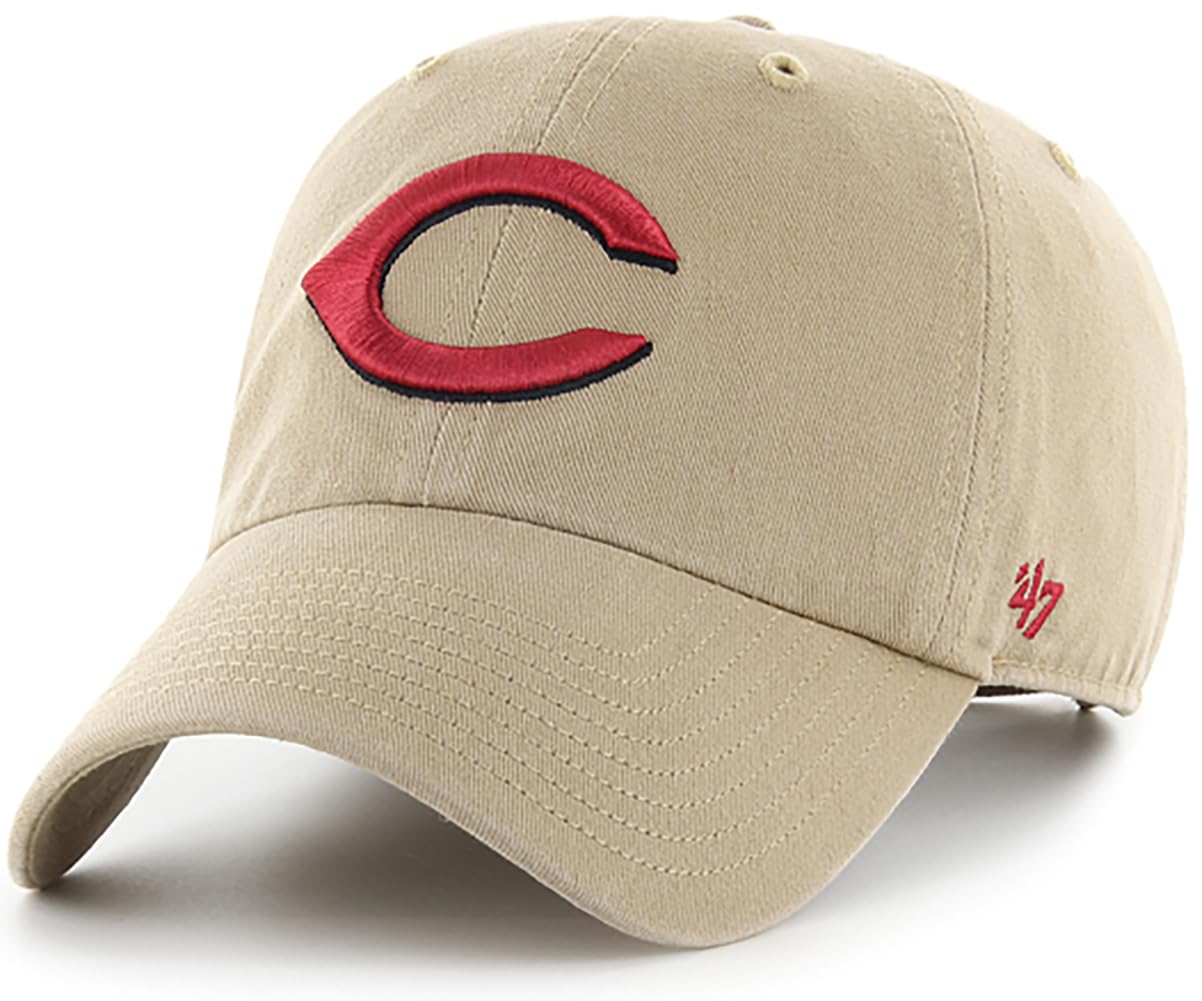 47 Brand MLB Khaki Primary Logo Clean Up Adjustable Strap Baseball Dad Hat Cap, Adult One Size Fits All - Cincinnati Reds - Khaki Image