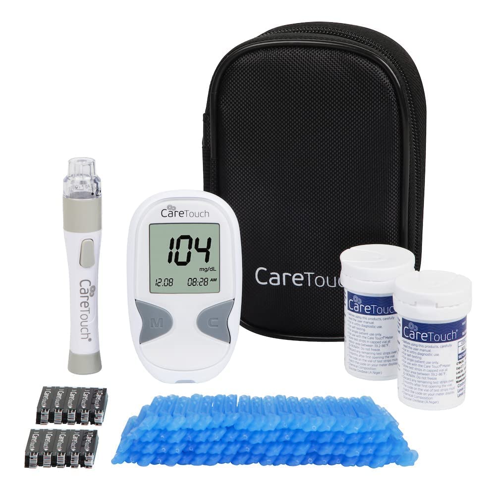 Care Touch Blood Glucose Monitor Kit-Diabetes Testing Kit w/1 Glucometer 100 Caretouch Blood Glucose Test Strips 1 Lancing Device 100 Lancets & Travel Case-Blood Glucose Monitors, Blood Sugar Test Kit