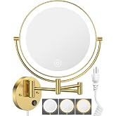 9" Wall Mounted LED Makeup Mirror, 1X/10X Magnifying Mirror Corded, Gold | Large Size, Plug-in, Not Battery Operated, 2-Sided Vanity Mirror, Extended Arm, 3 Color Lights, 360&deg; Swivel, Touch Dimmable