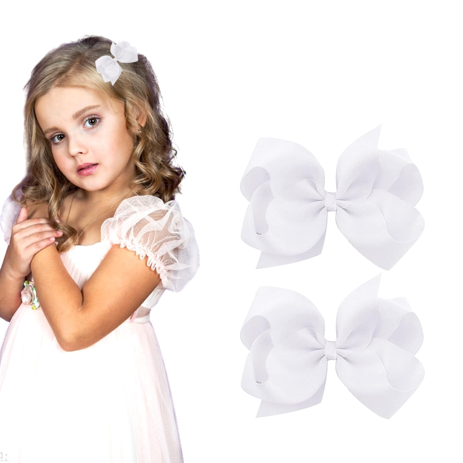 Photo 1 of 3 Inch White Hair Bow Clips for Girls - Set of 2