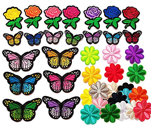 Czorange Butterfly Applique Clothing Iron On Patch Embroidery Applique Patches Rose Flowers for Arts Crafts DIY Decor, Jeans, Jackets, Clothing, Bags (Pack of 40 Pieces)