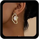 Allereyae Punk Baroque Pearl Drop Earrings Bridal Pearl Dangle Earring Irregular Gold Hoop Earrings Abstract Metal Earring Irregular Oval Stud Jewelry for Women