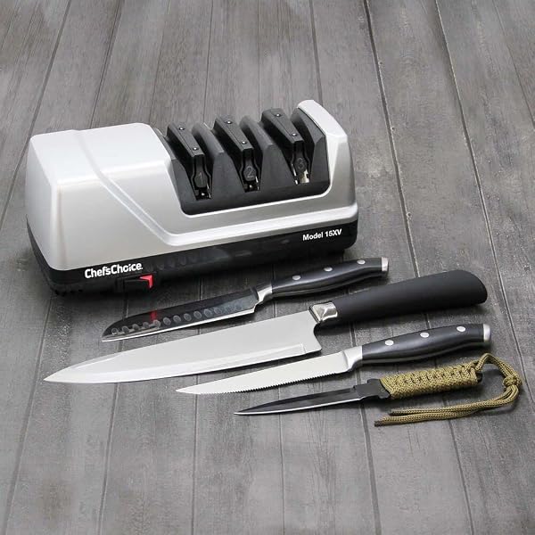 CHEF’SCHOICE 15XV EDGESELECT PROFESSIONAL ELECTRIC KNIFE SHARPENER WITH 100-PERCENT DIAMOND ABRASIVES AND PRECISION ANGLE GUIDES FOR STRAIGHT EDGE AND SERRATED KNIVES, 3-STAGE, GRAY