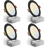 Amico 4 Pack 6 Inch Black 5CCT Ultra-Thin LED Recessed Light with Junction Box, 2700K/3000K/3500K/4000K/5000K Selectable, 12W Eqv 110W 1050LM Dimmable Canless Wafer Downlight, ETL & FCC