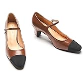 C.Paravano Mary Jane Pumps Women's Pumps Two Tone Almond Toe Block Heels Adjustable Strap Casual Pump Shoes (Brown,10.5)