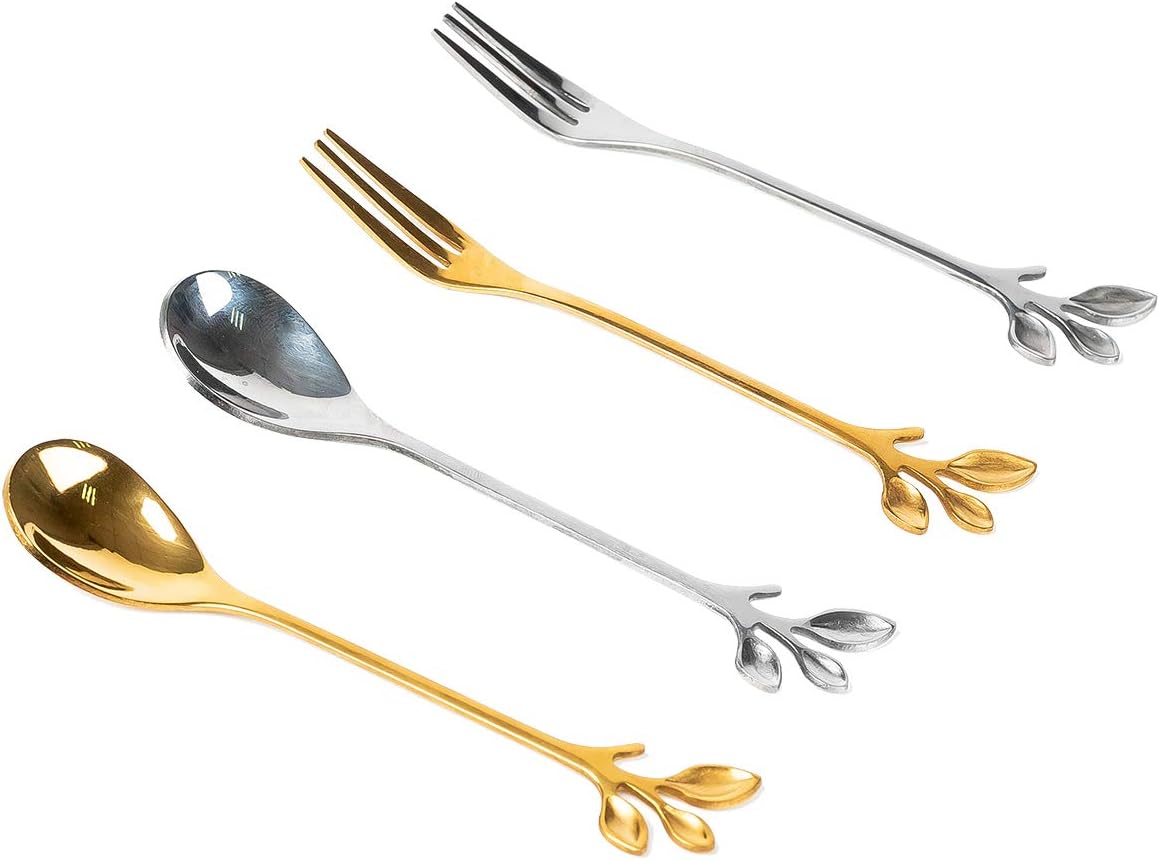 Dimaka 4 Pcs Leaf Stainless Steel Dessert Spoons and Forks
