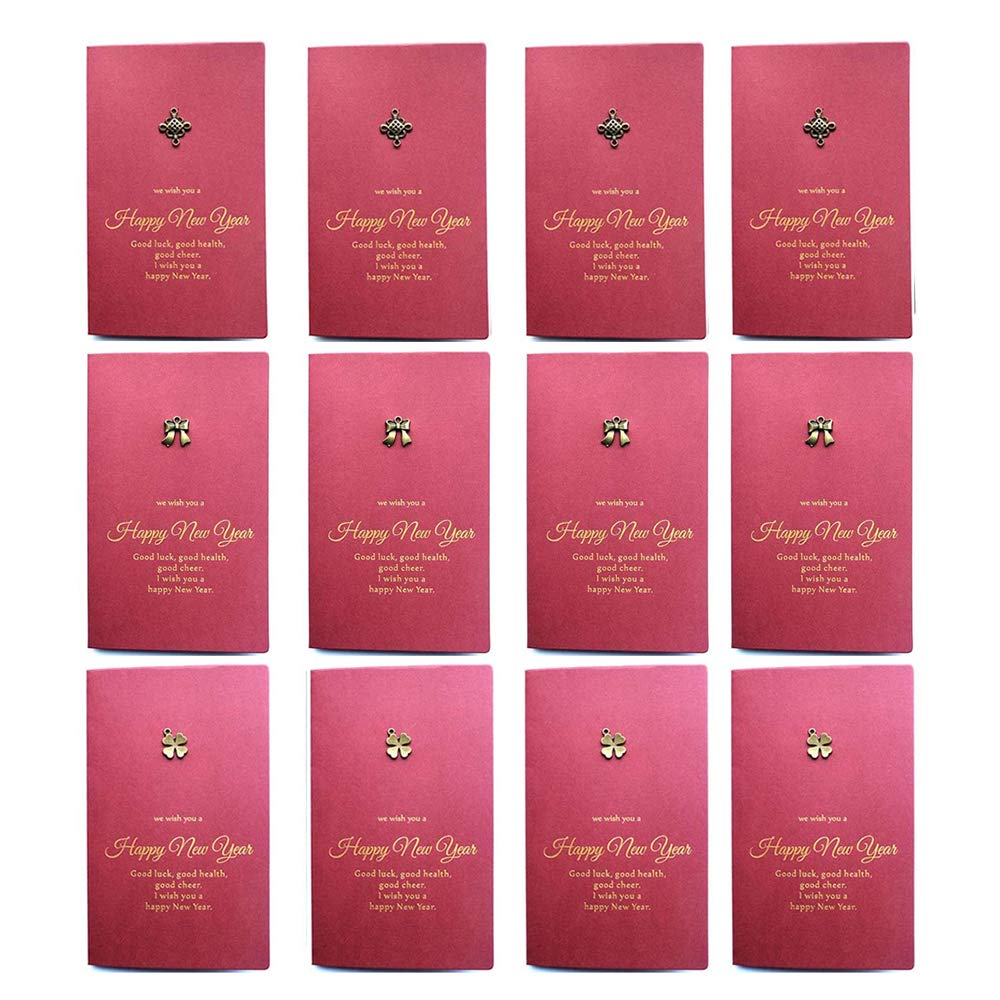 Shulaner 12 Pcs Happy New Year Greeting Cards and Envelopes, Hot Stamping Chinese New Year Card, Blanks, Retro Wishing Happy New Year Gift Cards for Partner, Friends, Dad, Mum
