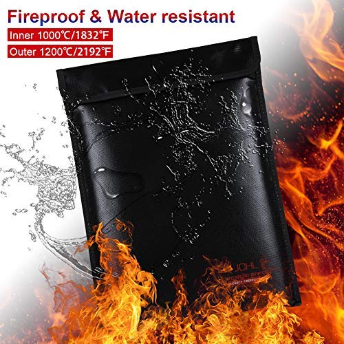 JCHL Fireproof Documents Bag Fire Water Resistant Bag 15"x11" Fireproof Bag Safe Storage for Money Documents Jewelry LiPo Battery Passport No-Itch Silicone Coated Fiberglass (New Upgraded) Black