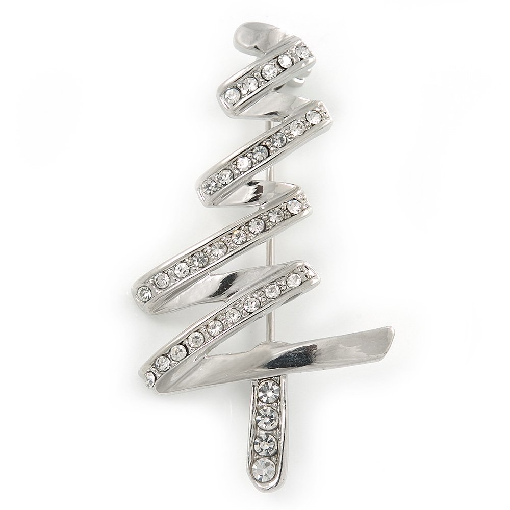 Rhodium Plated Clear Crystal Christmas Tree Brooch - 50mm L