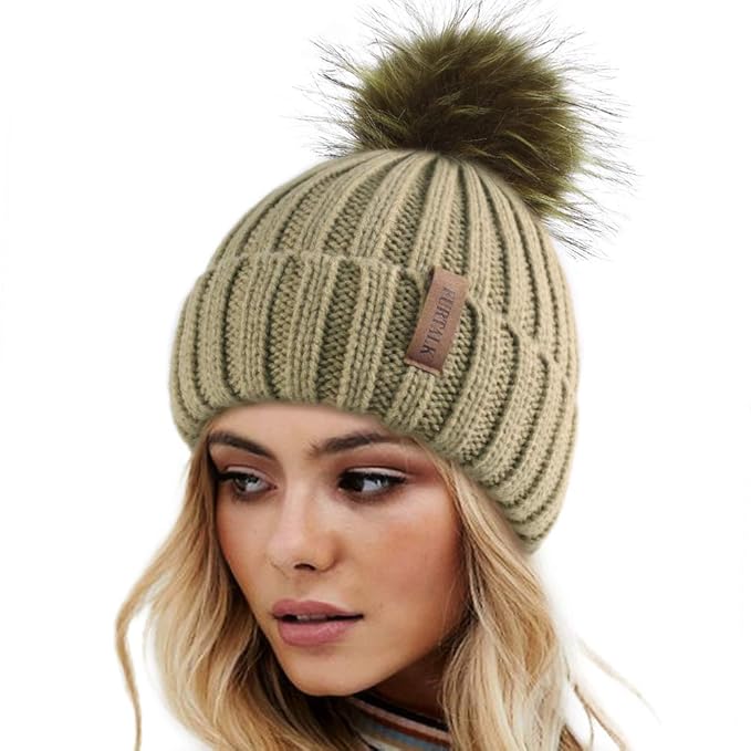 FURTALK Womens Winter Knitted Beanie Hat with Faux Fur Pom Warm Knit