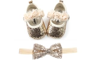 OAISNIT Baby Girl Mary Jane Flats Sparkly Soft Infant Princess Dress Crib Shoes with Headband