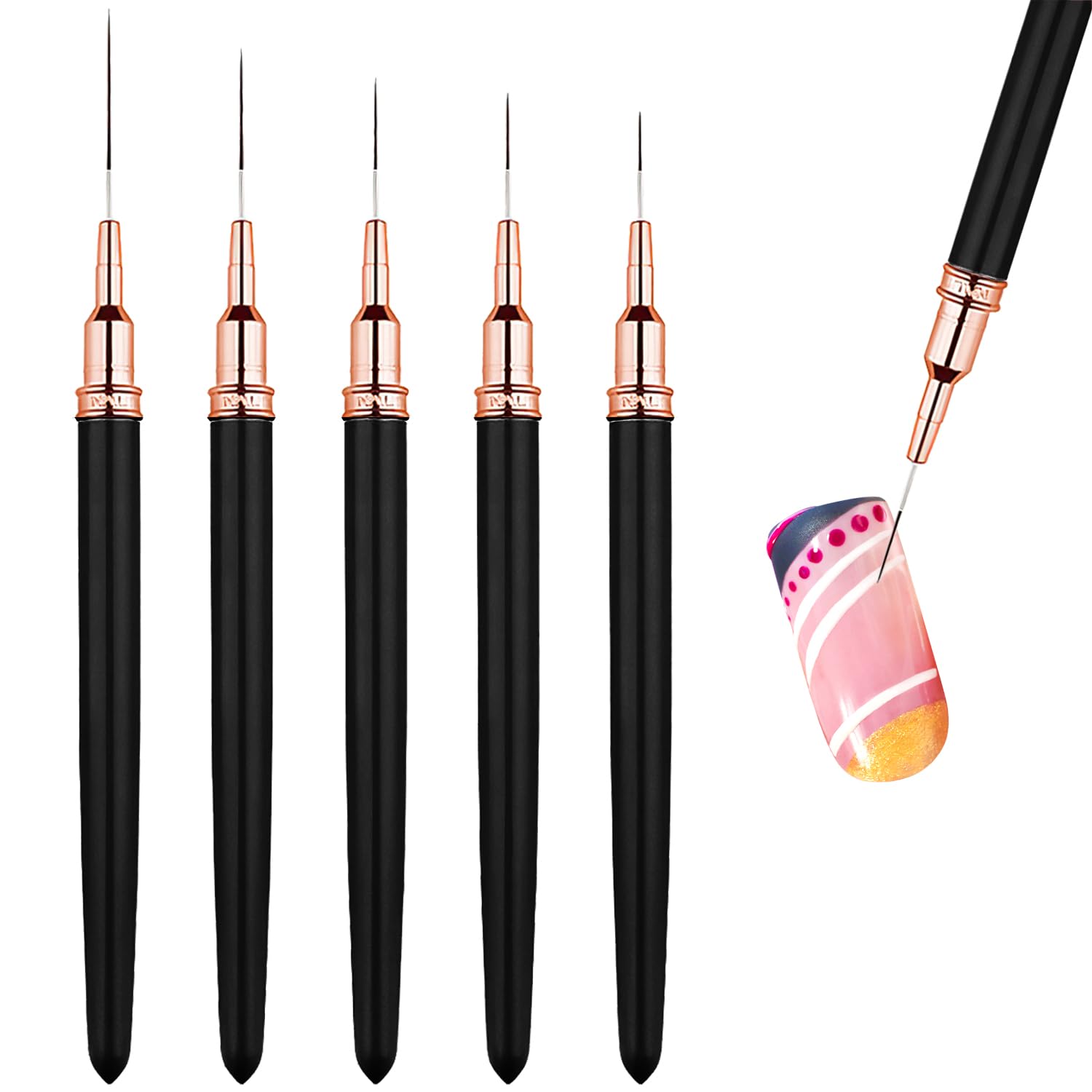 5 Pcs Thin Nail Liner Brushes, Thin Nail art Brushes, for Long Lines, Details, Fine Drawing Nail Dotting Drawing Tool Set 7mm/9mm/11mm/15mm/25mm(Black)