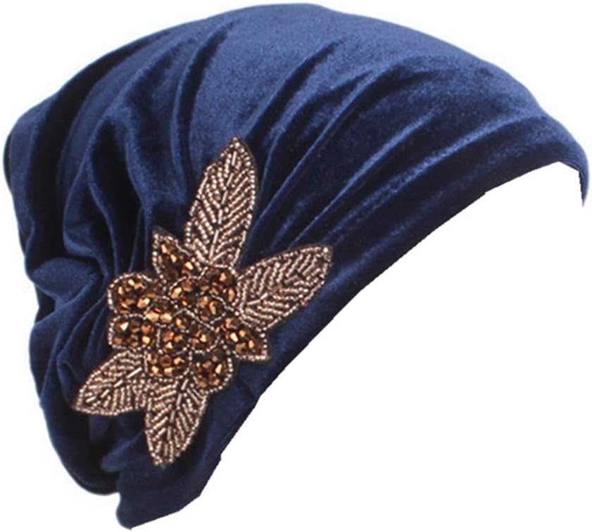 Qhome Fashion Women's Elegant Soft Velvet Turban Beanie with Beaded Flower Hat Chemo Cap Liner for Cancer Hair Loss Ladies