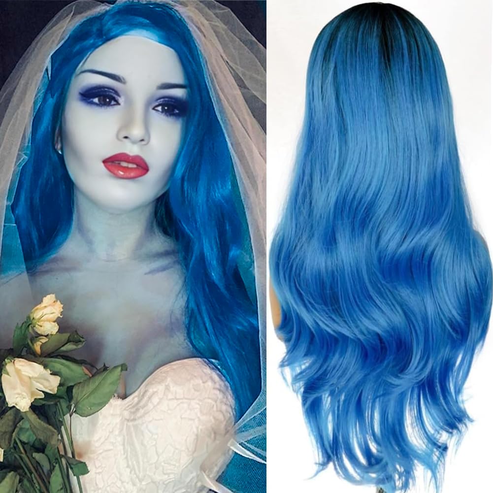 PORSMEER Long Blue Wigs for Women Halloween Costume Natural Looking Loose Wave Wig Heat Resistant Synthetic Hair Black Roots Wig for Ladies Daily Wear,26inch