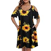 JollieLovin Womens Plus Size Short Sleeve Cold Shoulder V Neck T-Shirt Dress with Pockets
