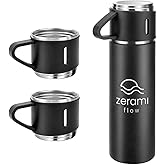 Zerami Flow Set of Thermo with 3 Cups-Lids | Classic Business Gift Box | 16.9oz Insulated Travel Bottle Mug for Hot & Cold Drinks, Double Wall 304 Stainless Steel Vacuum Leakproof, BPA-Free (Black)