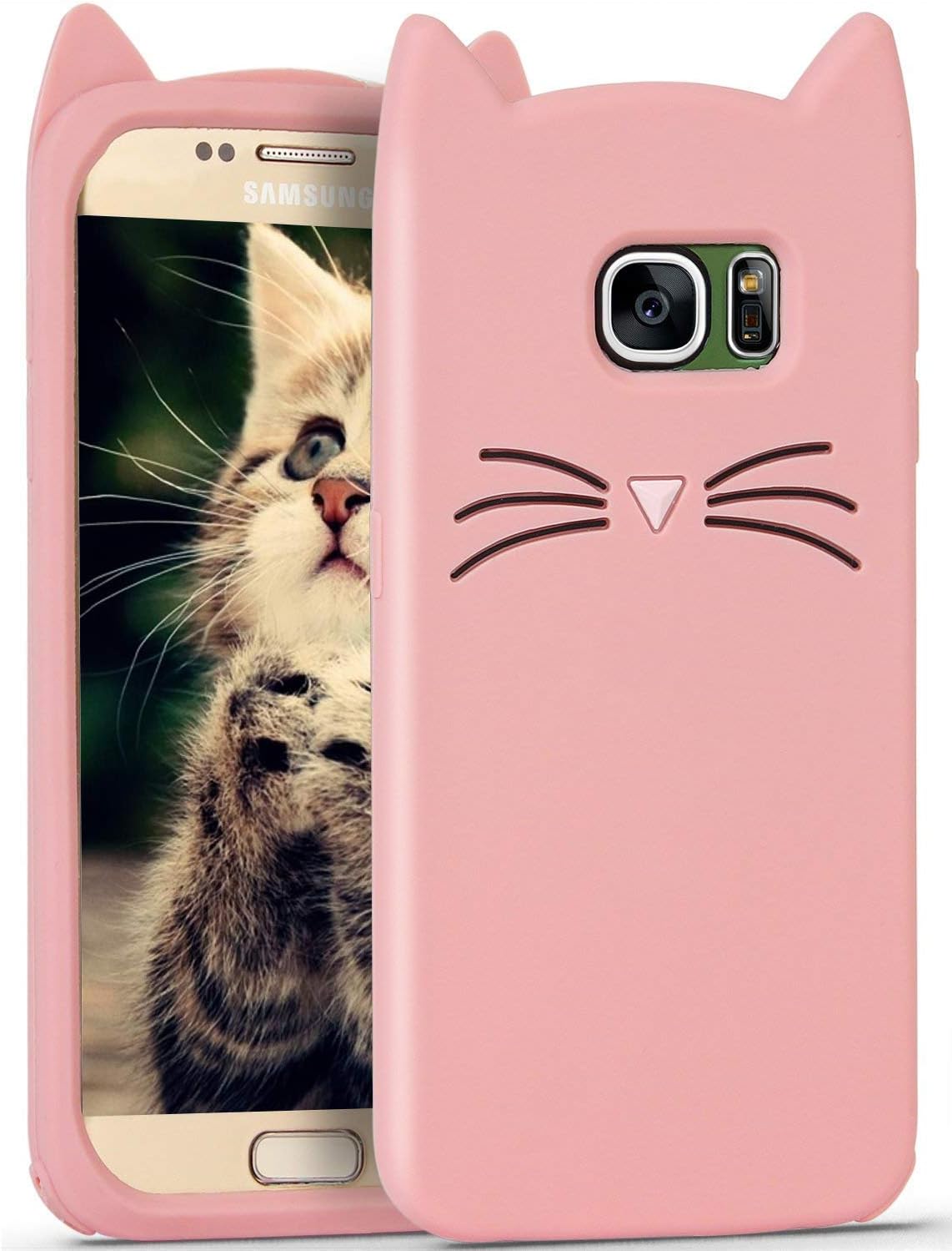 Leosimp Pink Cat Case for Samsung Galaxy S6,Cute 3D Cartoon Animal Cover,Kids Girls Soft Cool Silicone Gel Rubber Kawaii Character Fashion Unique Fun Shockproof Protector Shell for Galaxy S6