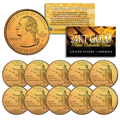 2008 Hawaii State Quarters U.S. Mint BU Coins 24K GOLD PLATED (LOT of 10)