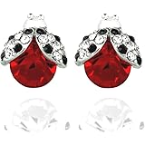 Silvertone Crystal Ladybug Earrings Stud Post Lady Bug Gift Boxed Fashion Jewelry