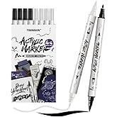 TRANSON 4 Black and 4 White Paint Markers Brush and Fine Dual-tip Acrylic Paint Marker Set for Rock Painting Glass Canvas Wood Leather Ceramic Painting