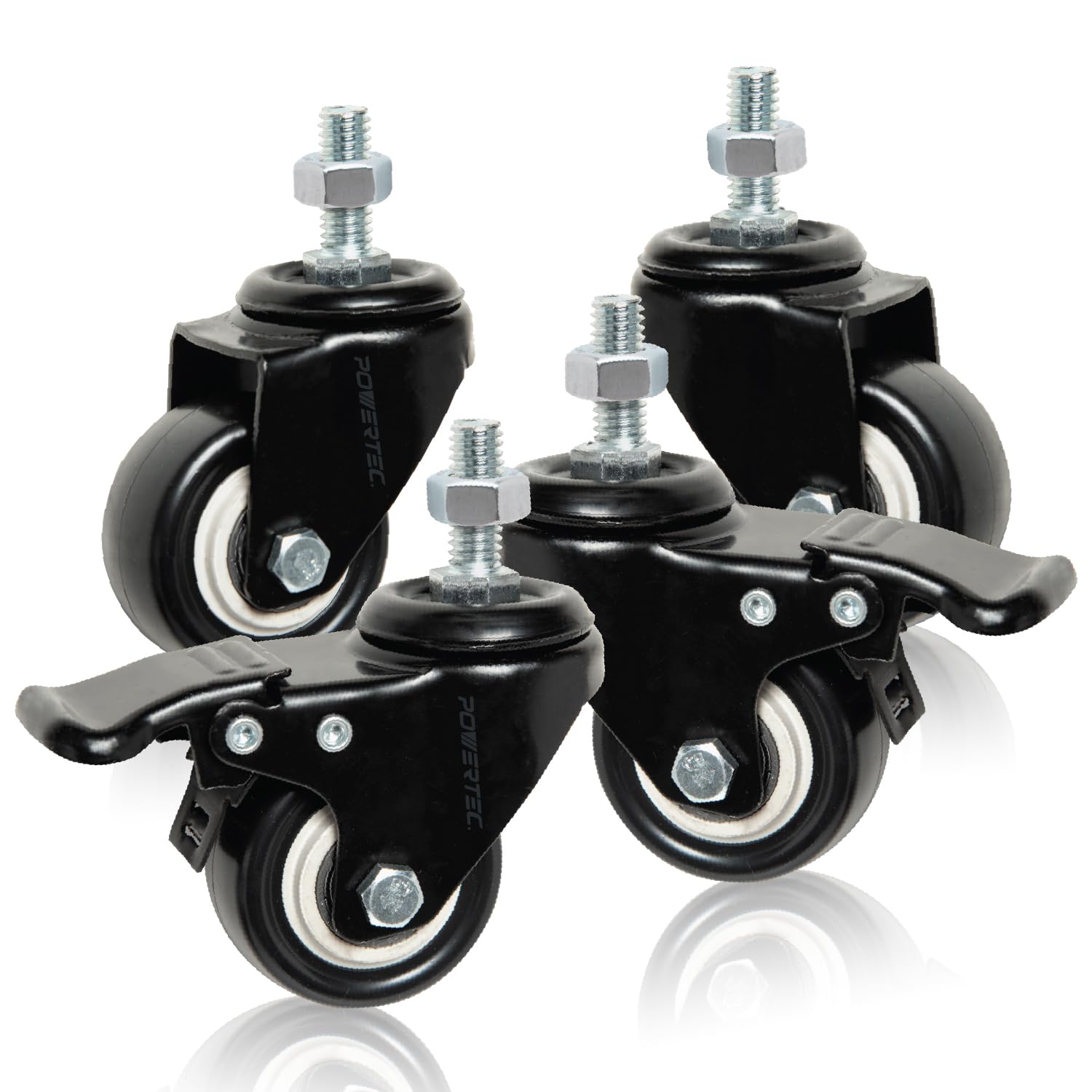 Photo 1 of POWERTEC 2 Inch Caster Wheels Set of 4, 3/8"-16 x 1 Stem Casters - 2 Casters W/Dual Locking Break - Heavy Duty 350 lbs, 360° Swivel, PU Castor Wheels for Furniture, Carts, Trolleys, Toolboxes (17220)