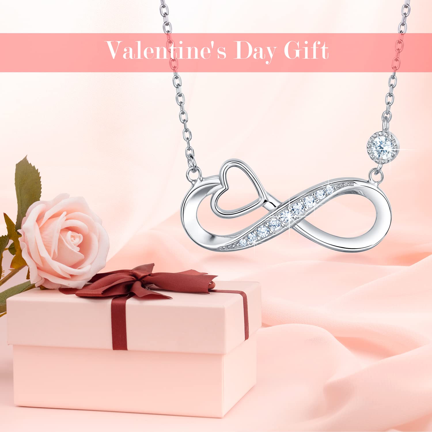 Infinity Heart Necklace for Women 925 Sterling Silver Love Pendant Necklace White Gold Plated CZ Diamond for Women