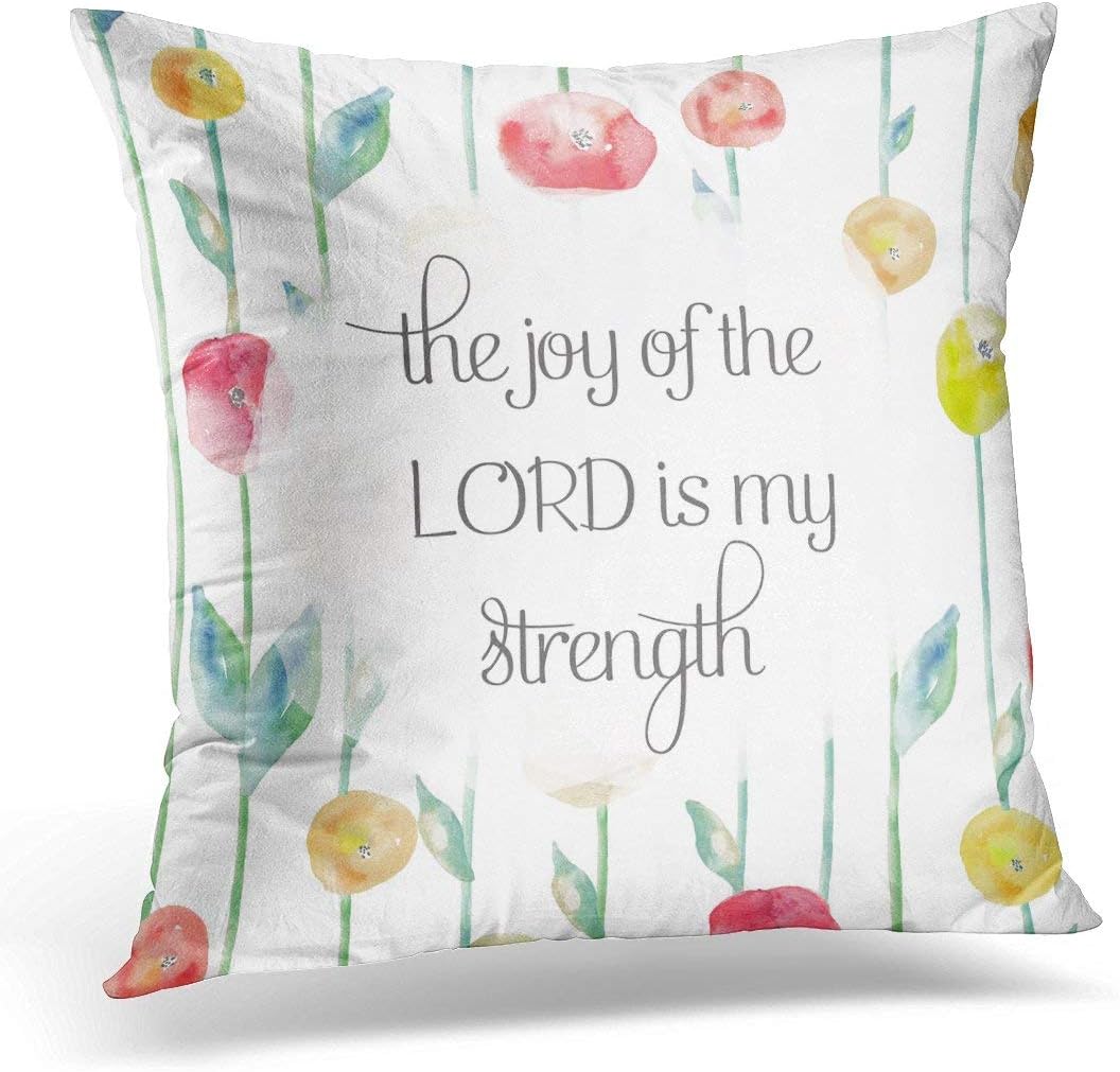 SPXUBZ Biblical The Joy of Lord is My Strength Bible Verse Quote on Floral Watercolour Girly Cotton Throw Pillow Cover Home Decor Nice Gift Square Indoor Pillowcase Standar Size (Two Sides)
