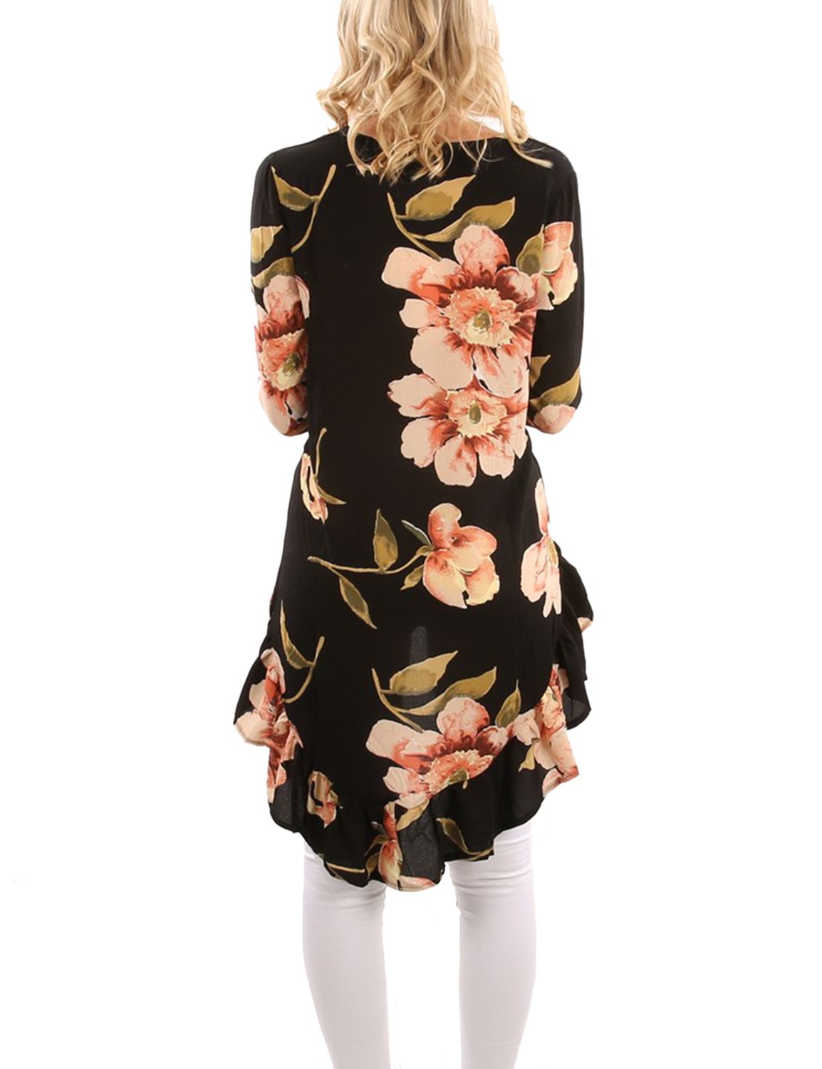 Blooming Jelly Women\'s Oversized Long Sleeve V Neck Shirts Frilled Floral Blouse Hi Low Asymmetrical Flattering Tops(M, Black)