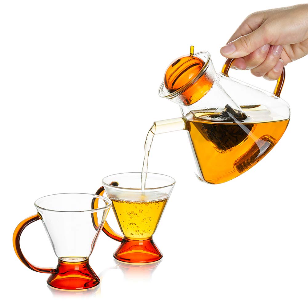 Glass Teapot Set with 2 Cups, Clear Glass Tea Pot for Stove Top with Removable Infuser, (500ML/17OZ) Decorative and Modern Tea Maker Microwave & Dishwasher Safe Home Kitchen Use