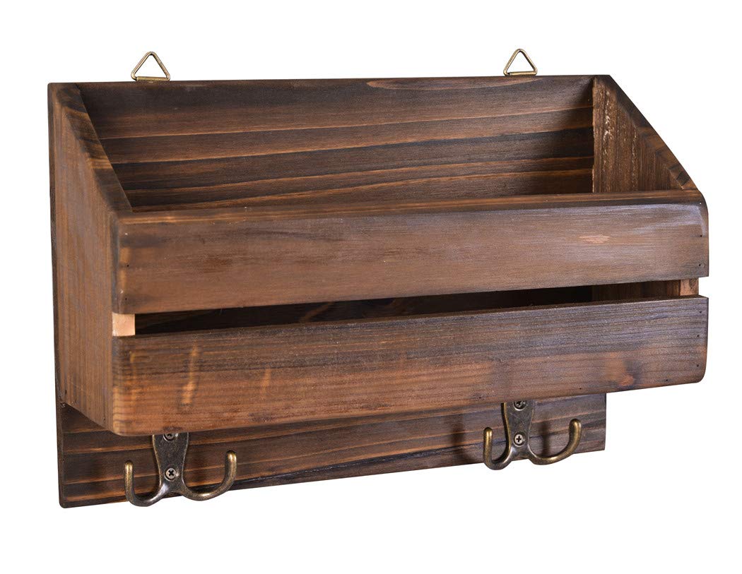 Large Rustic Wall Mount Mail Organizer Wooden Wall Decor Entry Coat Rack Letters Keys Magazines Hanger with Solid Wood Shelf and 2 Double Key Hooks