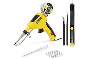 NOEVSBIG Soldering Gun, Automatic 60W Electronics Solder Iron Gun Kit, Soldering Tools with 5pcs Soldering Tips, Desoldering Pump, Tweezers, Soldering Wires for Jewelry, Home DIY (Yellow)
