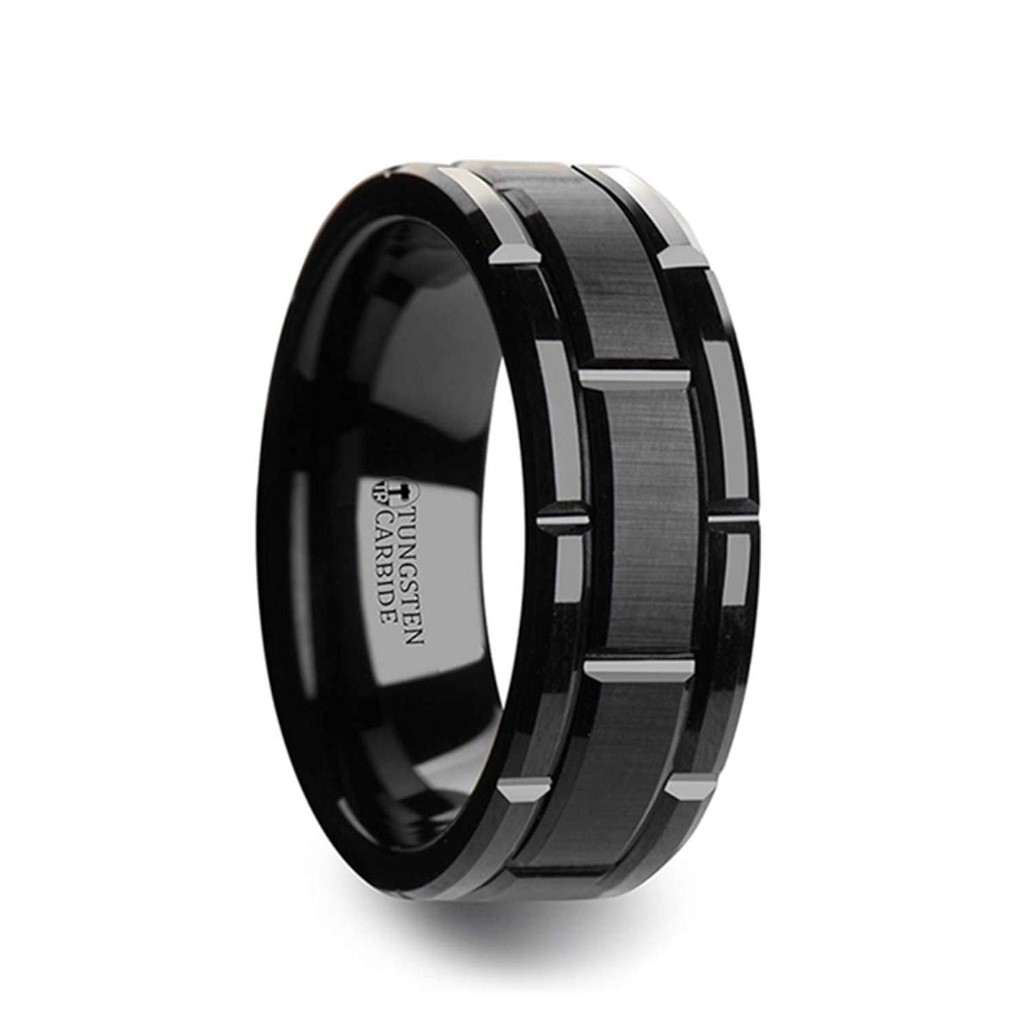 ThorstenWindsor | Tungsten Rings for Men | Tungsten | Comfort Fit | Beveled Black Wedding Ring Band with Brush Finished Center and Alternating Grooves - 8mm Size 9.5