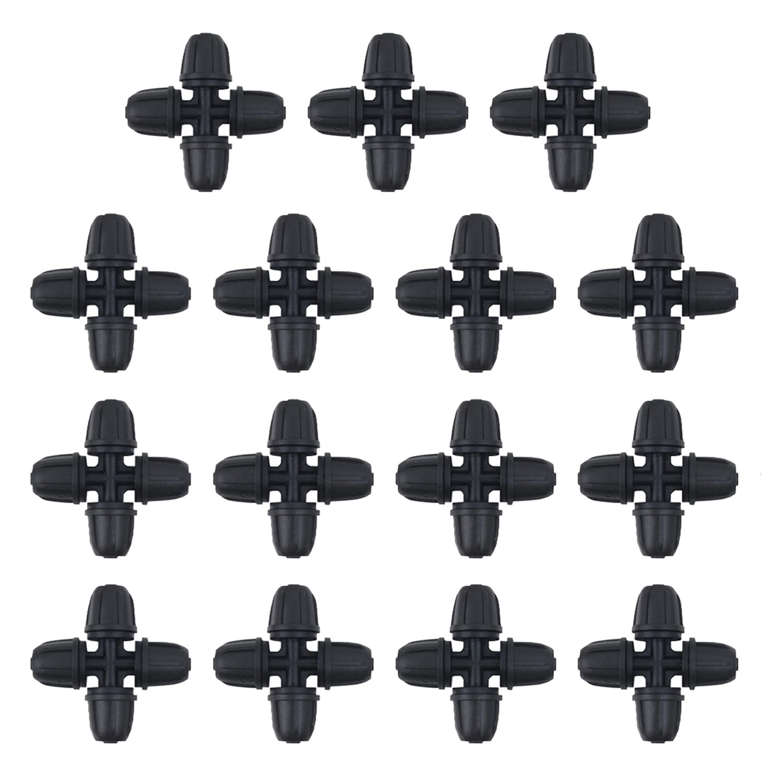 iBamso 15pcs Drip Irrigation Barbed Connectors, Upgraded 4 Way Coupling with Latch for 1/4" (4/7mm) Hose, Quality Fitting Locked Cross Drip Irrigation Kit for Garden, Lawn