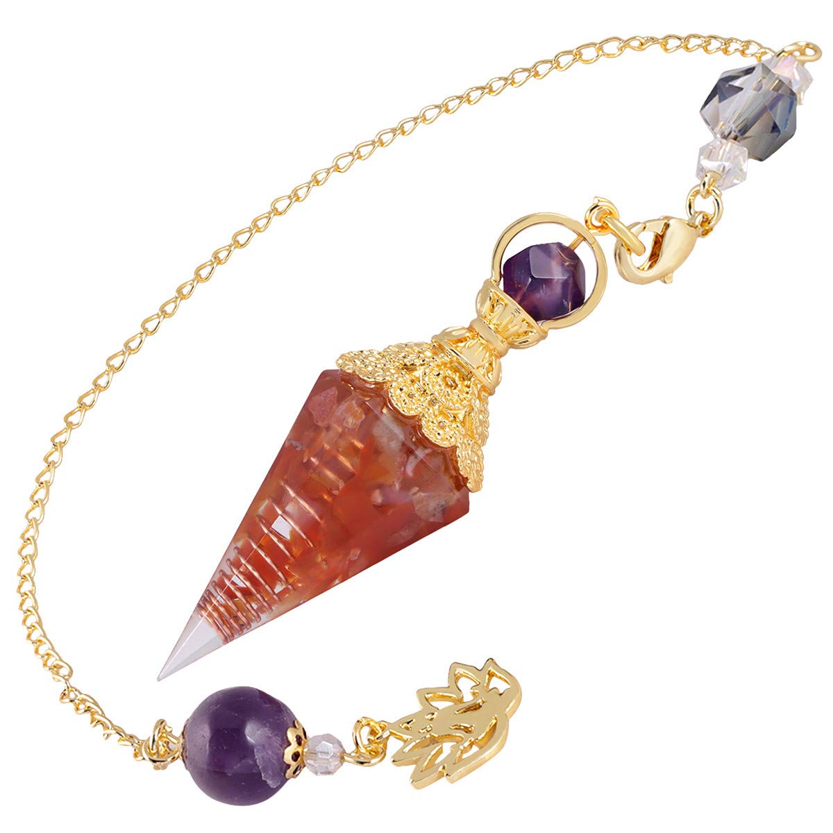 Nupuyai Carnelian Healing Crystal Point Dowsing Pendulum for Divination Scrying, Resin Chip Stone Faceted Hexagonal Pendulum with Chain