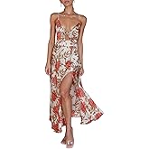 Fashionme Women Spaghetti Strap Midi Satin Dresses Tie Front Backless Slit Cutout Dress Semi-Formal/Casual Flowy Lightweight