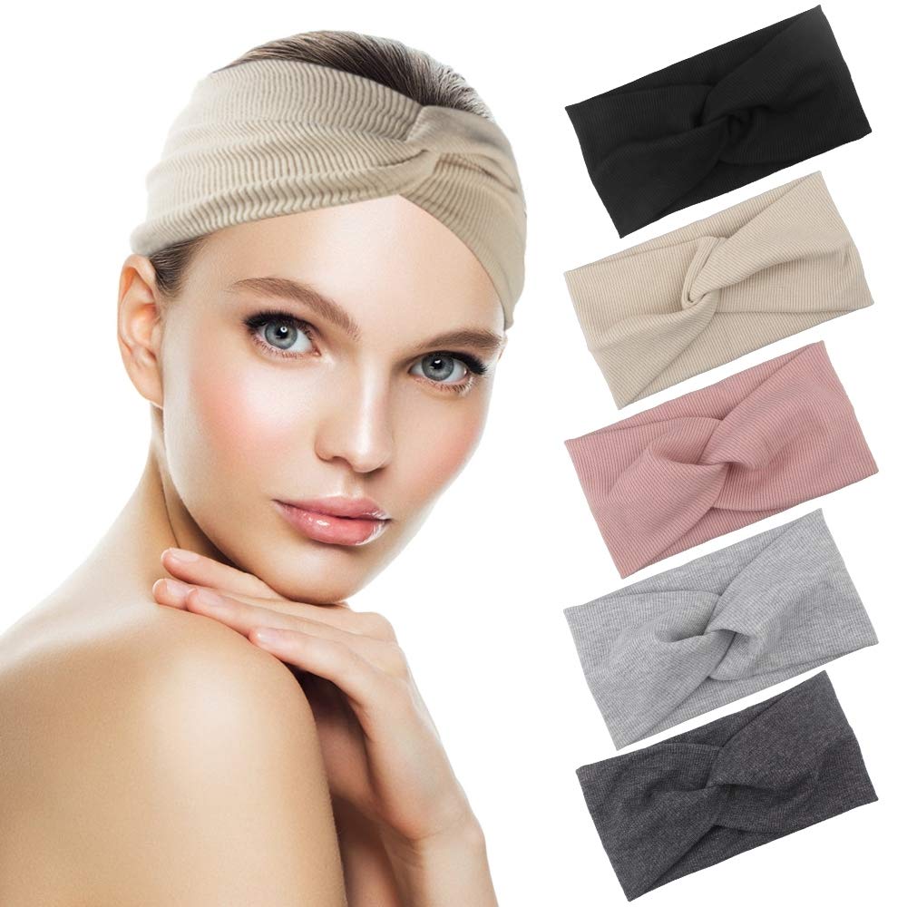 Wide Headbands for Women's Hair, 5 PCS Twisted Head Wrap Elastic Turban Headband Stretch Knitted Cotton Headband for Women Girls (5 Colors)