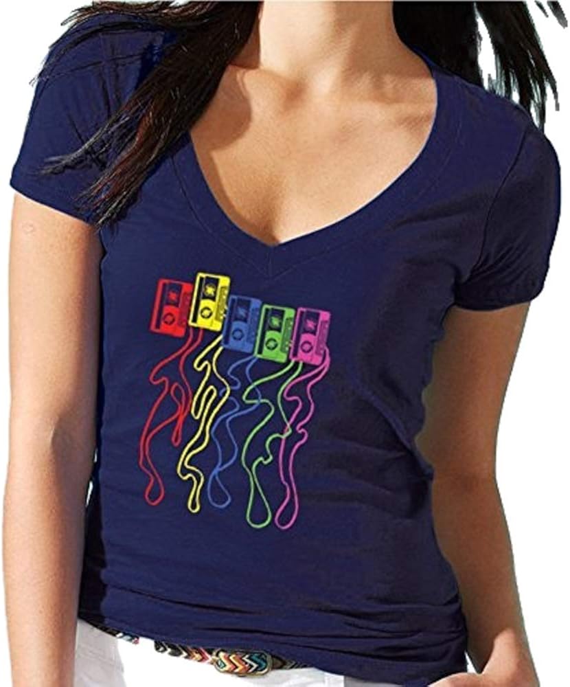 CRAZYDAISYWORLD Cassette Colorful Nostalgia Cassette Type Funny Women's Vneck